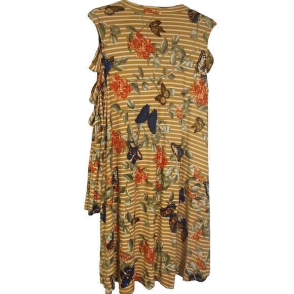 Sz L Multicolor Floral Butterfly Cold Shoulder dress or long tunic Tan cream - Picture 6 of 6